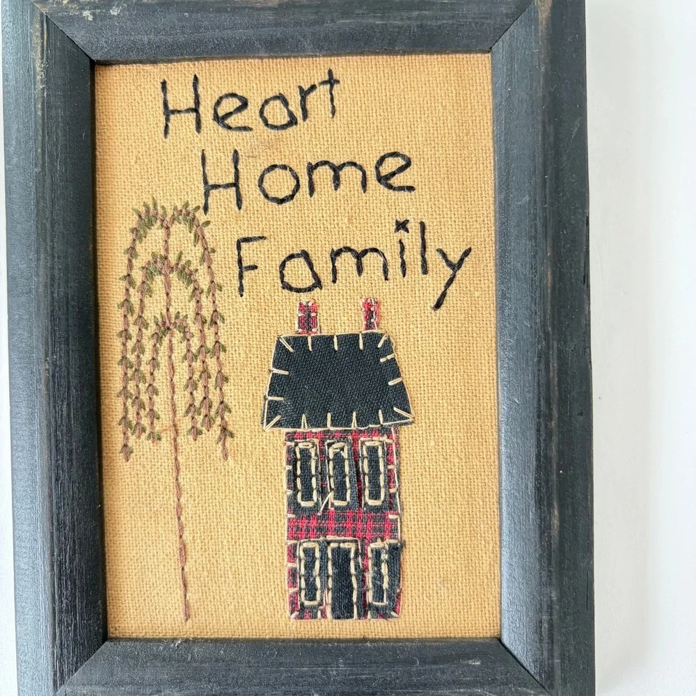 Primitive Folk Art Embroidered Framed Art Set Cherish Heart Home Family Black